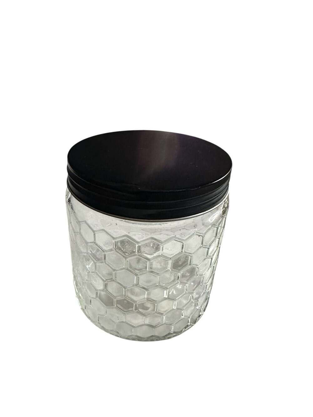 Greenbrier International Honeycomb Pattern Glass Storage Jar with Black Lid
